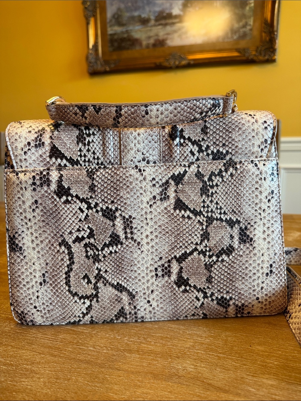 Top-Handle Snake Print Shoulder Bag in Beige - Picture 3 of 6